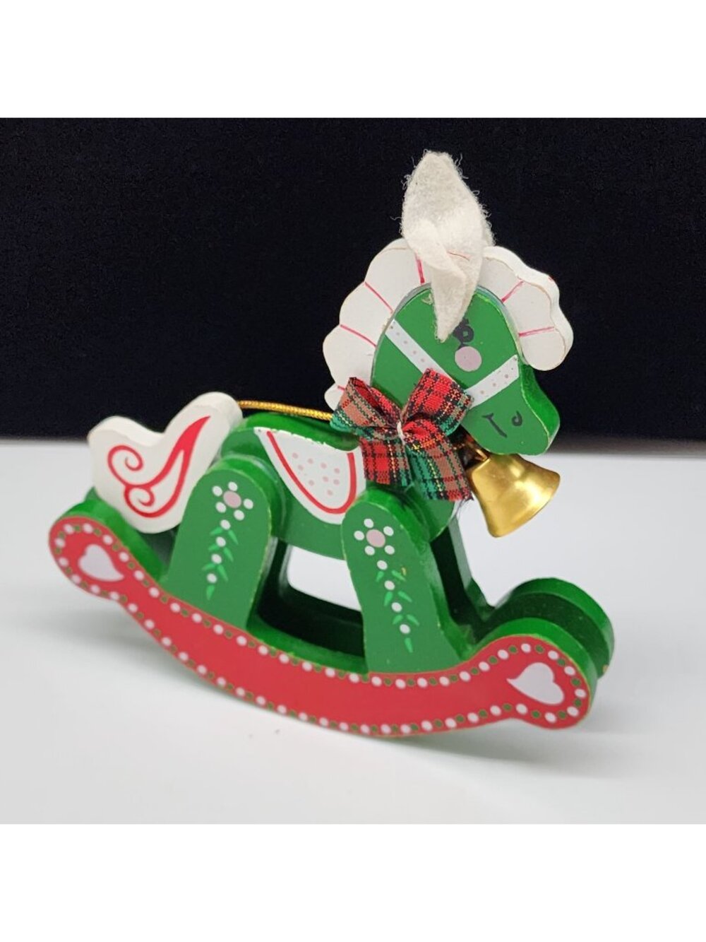 Wooden Christmas Rocking Ornament  Horse With Plaid Bow & Bell 5 Tall